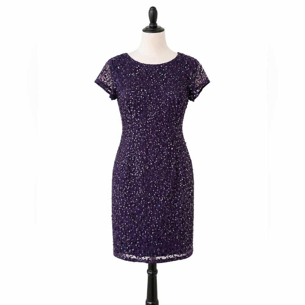 Purple Sequin Cocktail Dress | Short Sleeve | Knee Length | Party / Formal